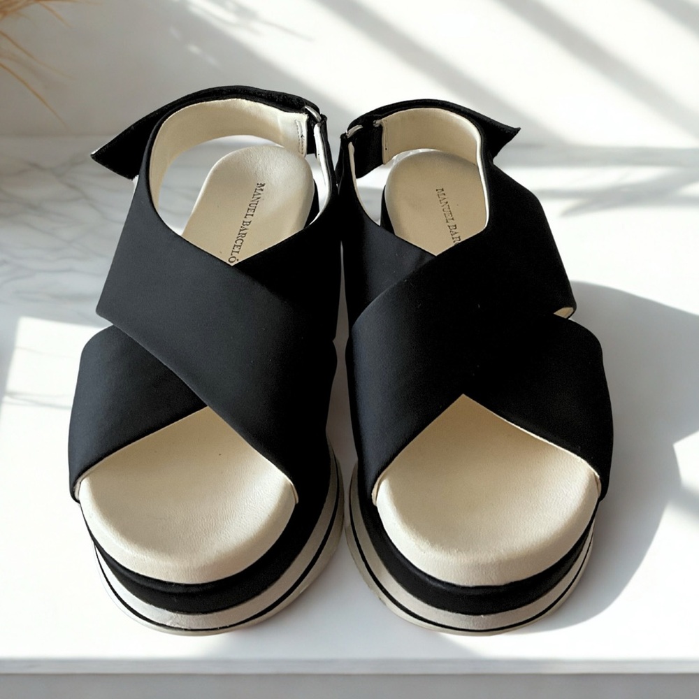 Black and Cream Lightweight Cross-Strap Sandals with Platform Sole, Adjustable - Picture 2 of 7